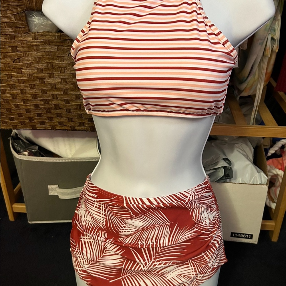Striped and Leaf Print Bikini Set